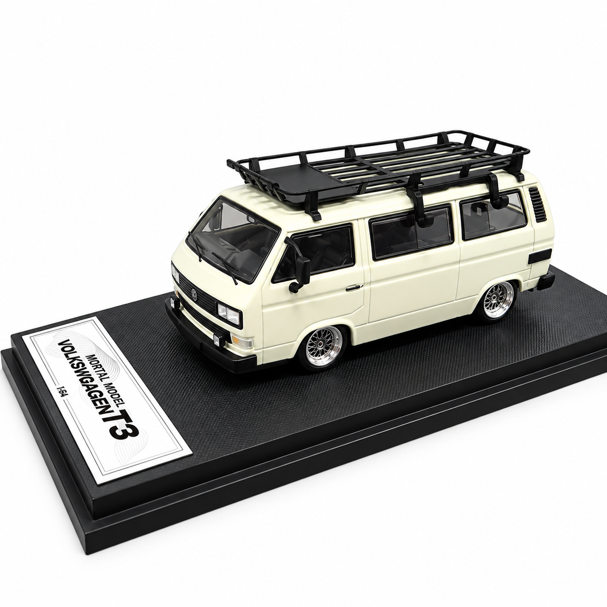 Mortal Model 1:64 Volkswagen T3 Multivan Die-Cast Model Car with Roof Rack, Detailed Interior, Accessories & Premium Display Base – Cream Collectible Miniature Van