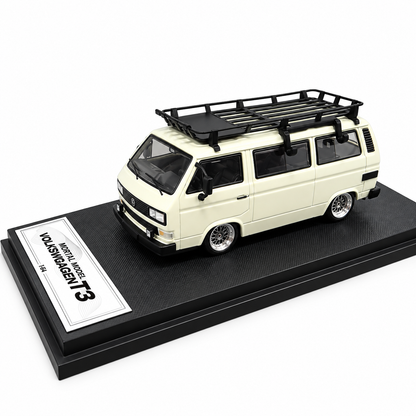 Mortal Model 1:64 Volkswagen T3 Multivan Die-Cast Model Car with Roof Rack, Detailed Interior, Accessories & Premium Display Base – Cream Collectible Miniature Van