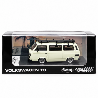 Mortal Model 1:64 Volkswagen T3 Multivan Die-Cast Model Car with Roof Rack, Detailed Interior, Accessories & Premium Display Base – Cream Collectible Miniature Van