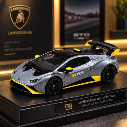 CCA 1:64 Lamborghini Huracán STO Die-Cast Model Car | Metallic Grey Supercar with Yellow Accents, Detailed Interior & Racing Rear Wing | Premium Collectible Miniature Car for Lamborghini & Die-Cast Collectors