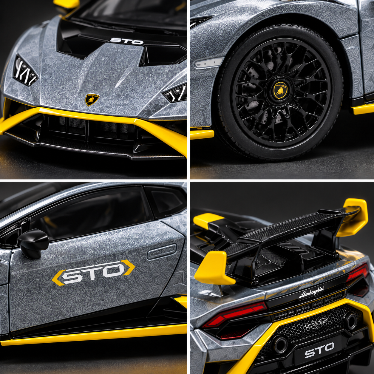 CCA 1:64 Lamborghini Huracán STO Die-Cast Model Car | Metallic Grey Supercar with Yellow Accents, Detailed Interior & Racing Rear Wing | Premium Collectible Miniature Car for Lamborghini & Die-Cast Collectors