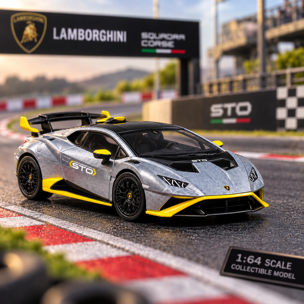 CCA 1:64 Lamborghini Huracán STO Die-Cast Model Car | Metallic Grey Supercar with Yellow Accents, Detailed Interior & Racing Rear Wing | Premium Collectible Miniature Car for Lamborghini & Die-Cast Collectors