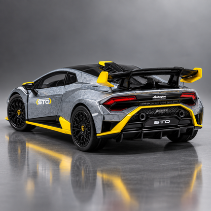 CCA 1:64 Lamborghini Huracán STO Die-Cast Model Car | Metallic Grey Supercar with Yellow Accents, Detailed Interior & Racing Rear Wing | Premium Collectible Miniature Car for Lamborghini & Die-Cast Collectors