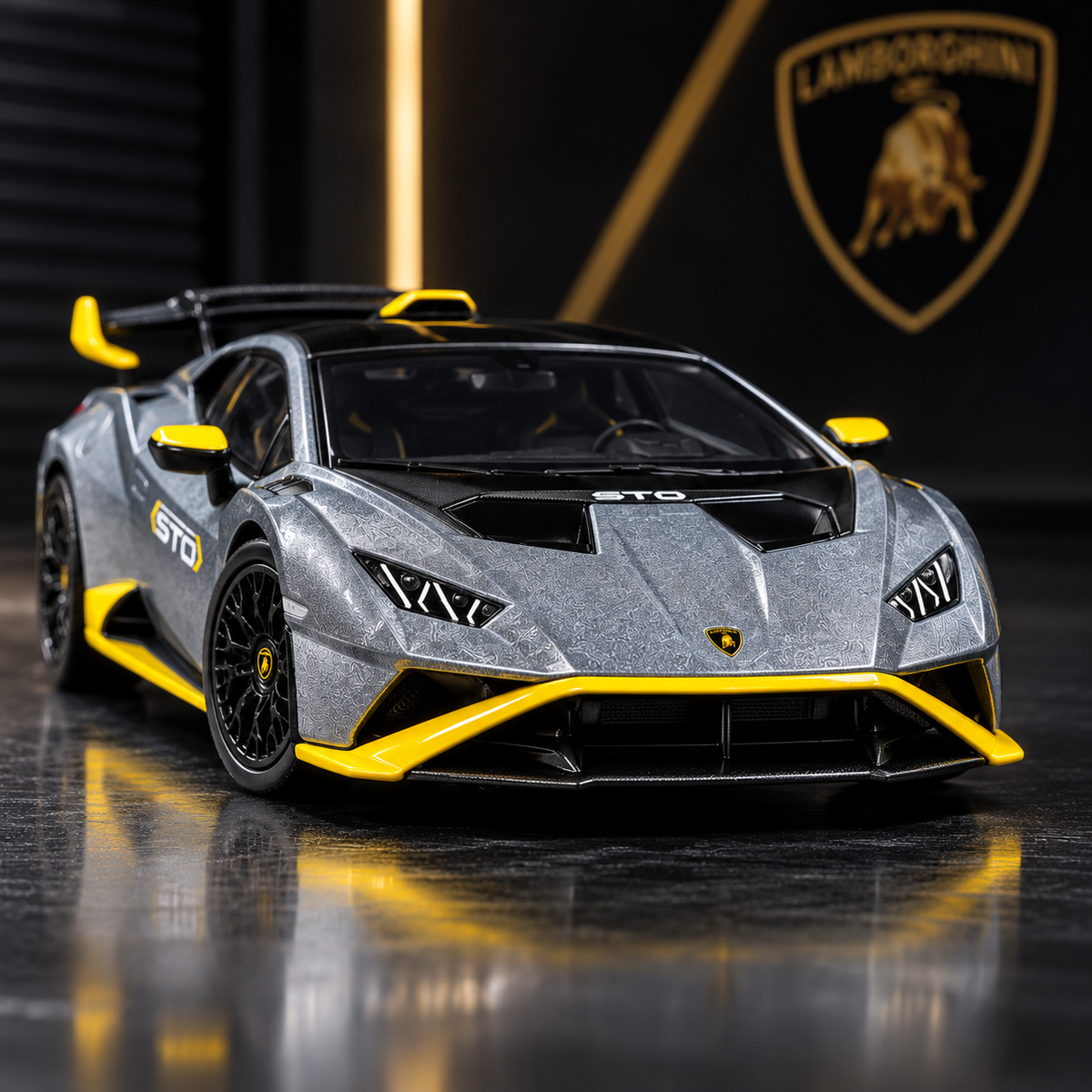 CCA 1:64 Lamborghini Huracán STO Die-Cast Model Car | Metallic Grey Supercar with Yellow Accents, Detailed Interior & Racing Rear Wing | Premium Collectible Miniature Car for Lamborghini & Die-Cast Collectors