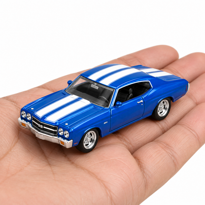 CCA 1:66 Chevrolet Chevelle 454 (1970) L06-01 Die-Cast Model Car | Blue Classic American Muscle Car with White Racing Stripes, Detailed Interior & Chrome-Style Wheels | Premium Collectible Miniature