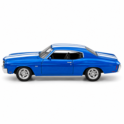 CCA 1:66 Chevrolet Chevelle 454 (1970) L06-01 Die-Cast Model Car | Blue Classic American Muscle Car with White Racing Stripes, Detailed Interior & Chrome-Style Wheels | Premium Collectible Miniature