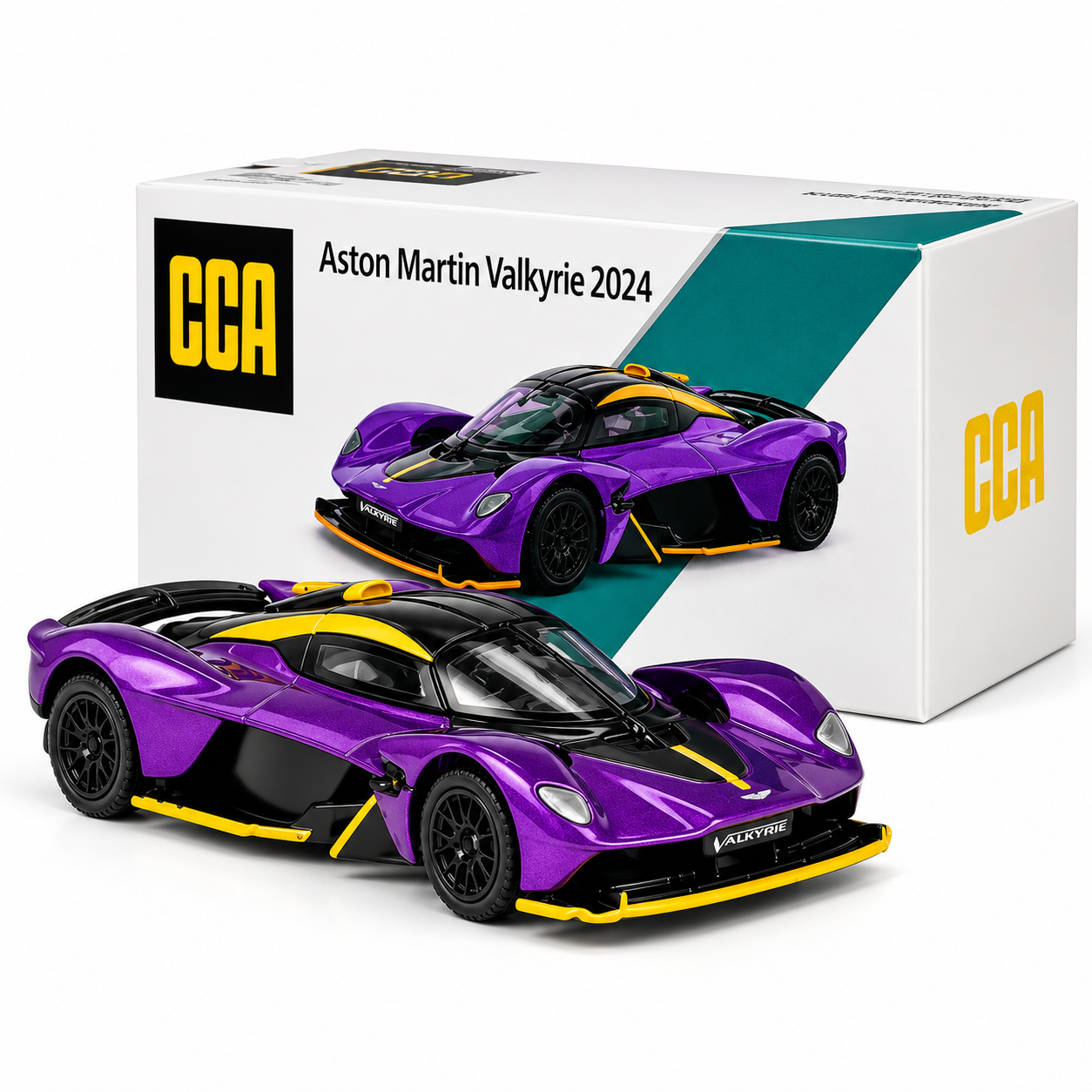 CCA 1:64 Aston Martin Valkyrie 2024 S28-02 Die-Cast Model Car | Purple Hypercar with Black & Yellow Accents, Detailed Interior & Sport Wheels | Premium Collectible Miniature Car