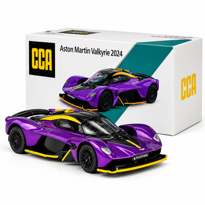 CCA 1:64 Aston Martin Valkyrie 2024 S28-02 Die-Cast Model Car | Purple Hypercar with Black & Yellow Accents, Detailed Interior & Sport Wheels | Premium Collectible Miniature Car