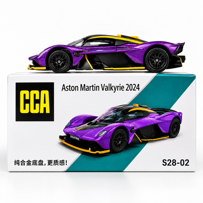 CCA 1:64 Aston Martin Valkyrie 2024 S28-02 Die-Cast Model Car | Purple Hypercar with Black & Yellow Accents, Detailed Interior & Sport Wheels | Premium Collectible Miniature Car