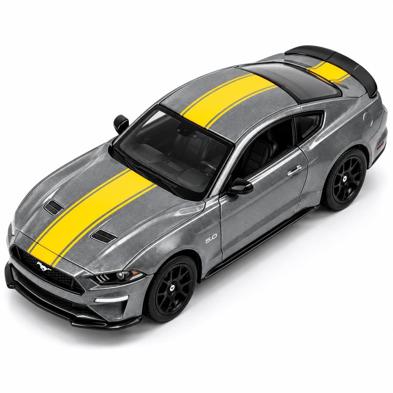 CCA 1:64 Ford Mustang GT S06-01 Die-Cast Model Car | Metallic Grey American Muscle Car with Yellow Racing Stripes, Black Sport Wheels & Detailed Interior | Premium Collectible Miniature Car for Mustang Fans & Die-Cast Collectors