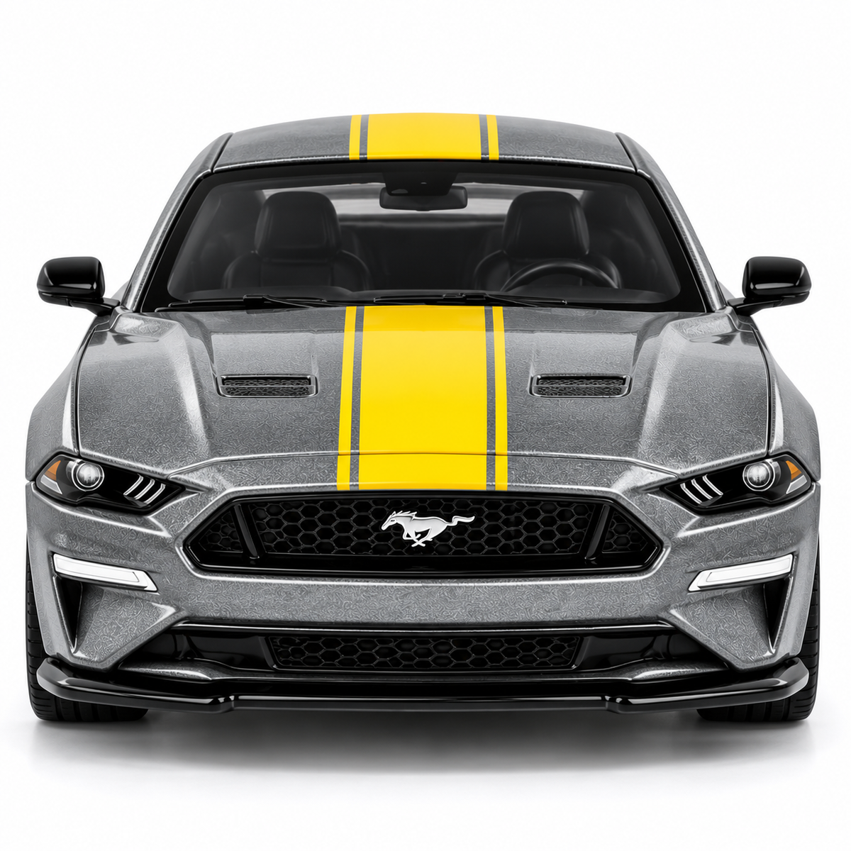 CCA 1:64 Ford Mustang GT S06-01 Die-Cast Model Car | Metallic Grey American Muscle Car with Yellow Racing Stripes, Black Sport Wheels & Detailed Interior | Premium Collectible Miniature Car for Mustang Fans & Die-Cast Collectors