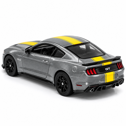 CCA 1:64 Ford Mustang GT S06-01 Die-Cast Model Car | Metallic Grey American Muscle Car with Yellow Racing Stripes, Black Sport Wheels & Detailed Interior | Premium Collectible Miniature Car for Mustang Fans & Die-Cast Collectors