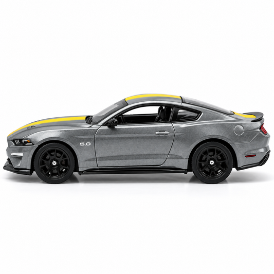 CCA 1:64 Ford Mustang GT S06-01 Die-Cast Model Car | Metallic Grey American Muscle Car with Yellow Racing Stripes, Black Sport Wheels & Detailed Interior | Premium Collectible Miniature Car for Mustang Fans & Die-Cast Collectors
