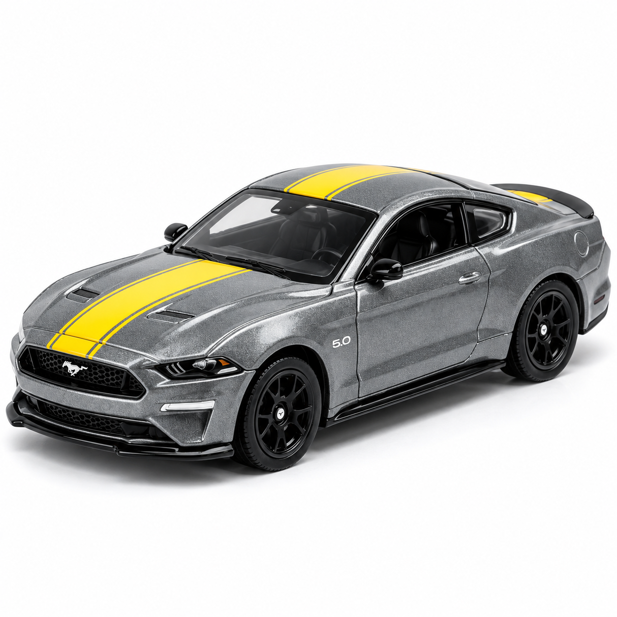 CCA 1:64 Ford Mustang GT S06-01 Die-Cast Model Car | Metallic Grey American Muscle Car with Yellow Racing Stripes, Black Sport Wheels & Detailed Interior | Premium Collectible Miniature Car for Mustang Fans & Die-Cast Collectors