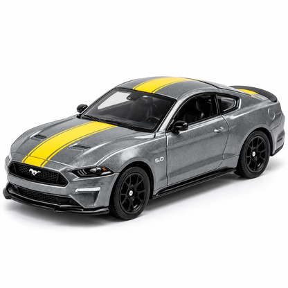 CCA 1:64 Ford Mustang GT S06-01 Die-Cast Model Car | Metallic Grey American Muscle Car with Yellow Racing Stripes, Black Sport Wheels & Detailed Interior | Premium Collectible Miniature Car for Mustang Fans & Die-Cast Collectors