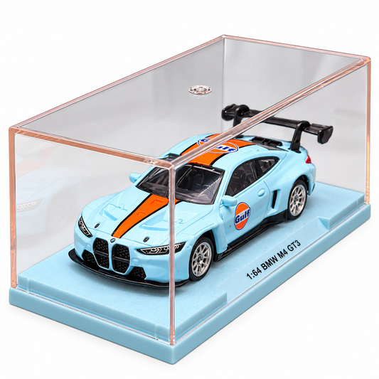 CCA 1:64 BMW M4 GT3 Gulf Racing Edition Die-Cast Model Car with Display Base & Protective Case | Detailed Motorsport Collectible Miniature Racing Car | Premium Model for BMW & Die-Cast Collectors