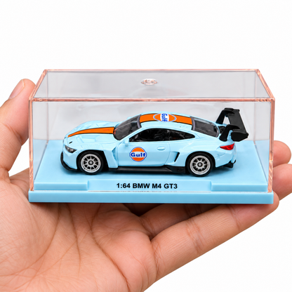 CCA 1:64 BMW M4 GT3 Gulf Racing Edition Die-Cast Model Car with Display Base & Protective Case | Detailed Motorsport Collectible Miniature Racing Car | Premium Model for BMW & Die-Cast Collectors