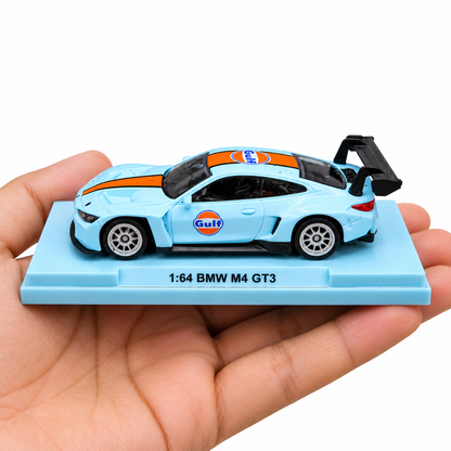 CCA 1:64 BMW M4 GT3 Gulf Racing Edition Die-Cast Model Car with Display Base & Protective Case | Detailed Motorsport Collectible Miniature Racing Car | Premium Model for BMW & Die-Cast Collectors
