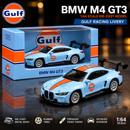 CCA 1:64 BMW M4 GT3 Gulf Racing Edition Die-Cast Model Car with Display Base & Protective Case | Detailed Motorsport Collectible Miniature Racing Car | Premium Model for BMW & Die-Cast Collectors