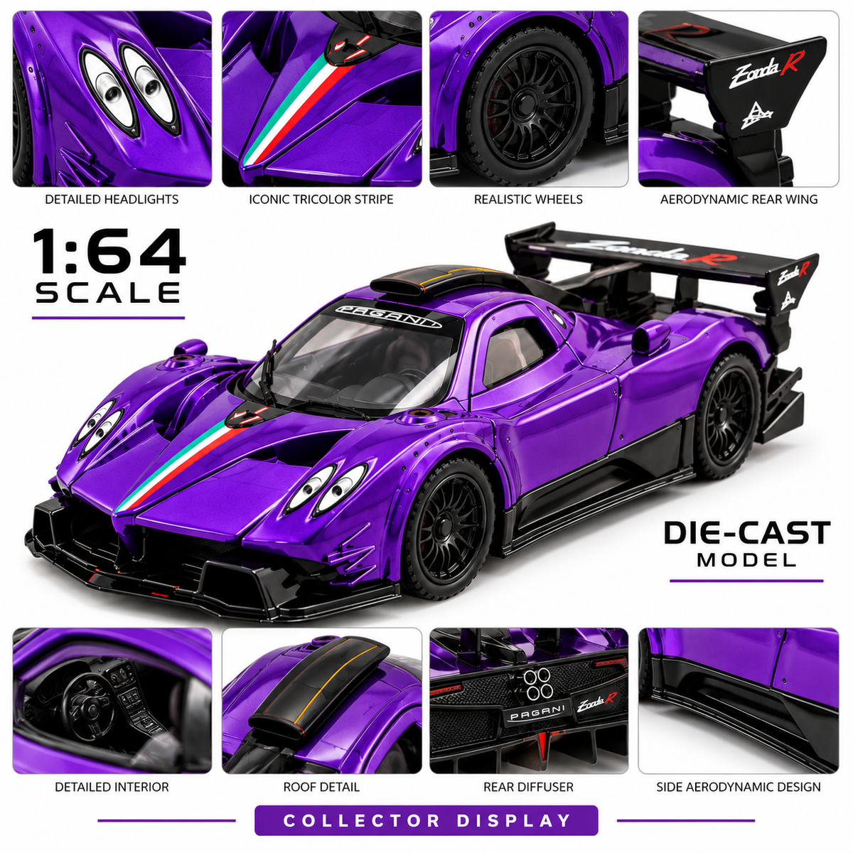 CCA Pagani Zonda Revolucion 1:64 Scale Die-Cast Model Car S12-01 | Premium Purple Pagani Racing Supercar Miniature with Rear Wing, Detailed Interior & Realistic Wheels