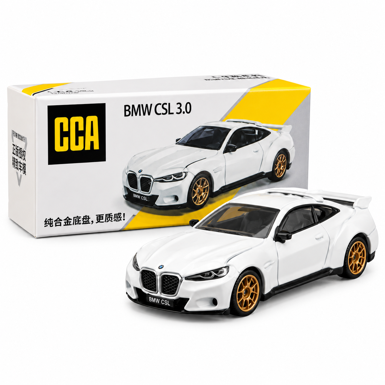 CCA BMW 3.0 CSL 1:64 Scale Die-Cast Model Car S15-01 | Premium White BMW Sports Car Miniature with Gold Wheels, Rear Spoiler & Detailed Interior