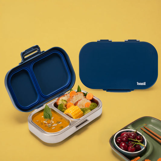 Classic BlueBasil Classic Blue 600ml Stainless Steel Lunch Box | 2-Section Leak-Proof Tiffin Box