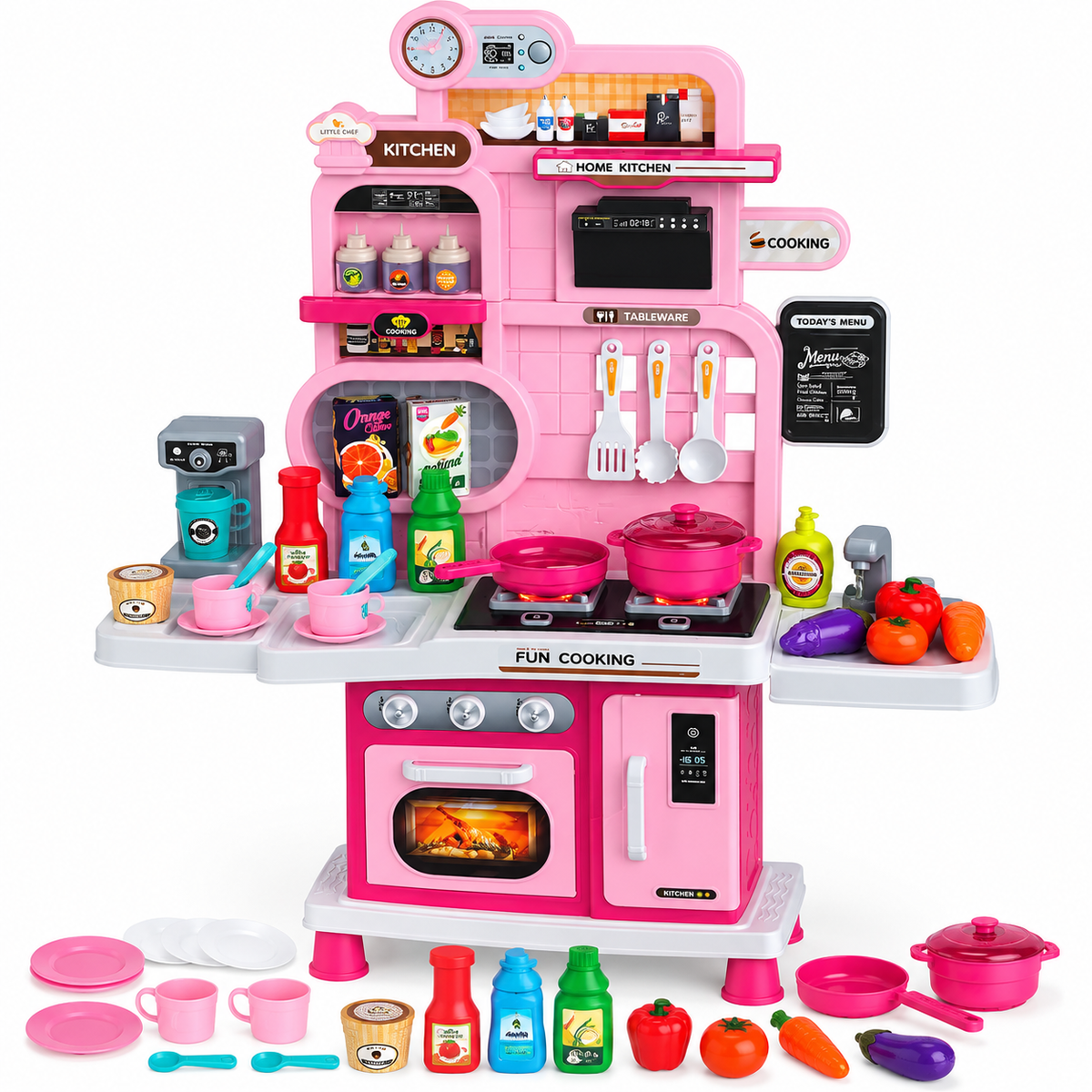 Mini Chef 56 PCS Kids Pretend Play Kitchen Set with Lights, Sounds, Cooking Stove, Sink & Accessories – Pink