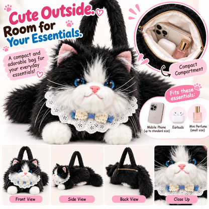 Cute Plush Tuxedo Cat Handbag | Kawaii Fluffy Kitty Bag with Lace Collar & Bowtie for Women & Girls