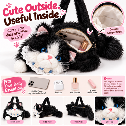 Cute Plush Tuxedo Cat Handbag | Kawaii Fluffy Kitty Bag with Lace Collar & Bowtie for Women & Girls