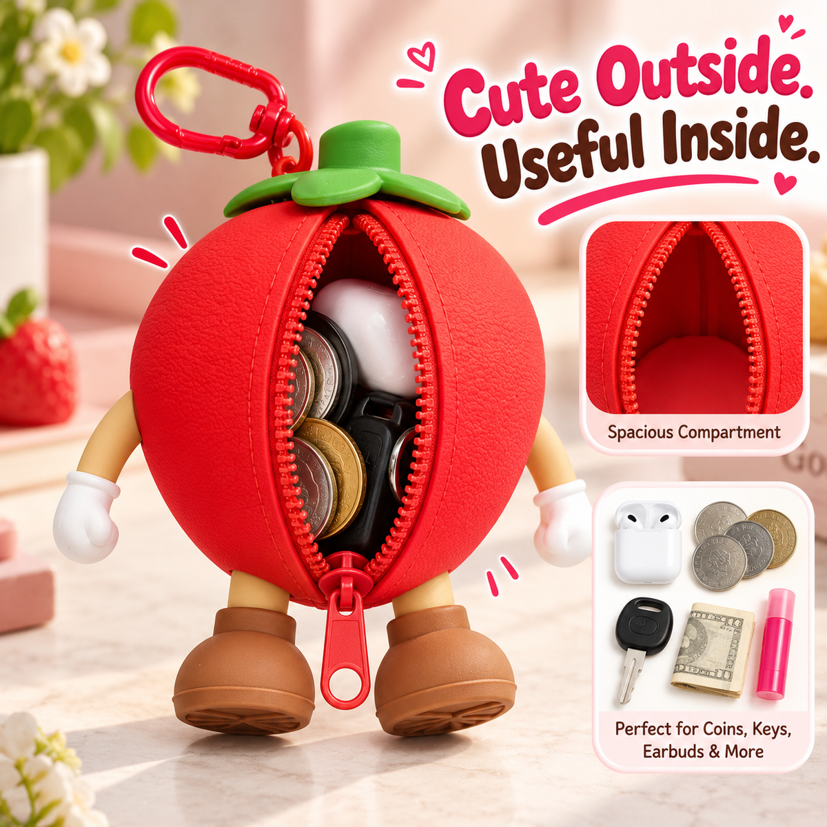 Cute Red Strawberry Silicone Coin Purse Keychain | Mini Zipper Pouch Bag Charm for Coins, Earbuds, Keys & Small Accessories