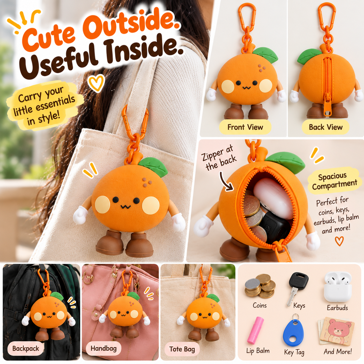 Cute Orange Tangerine Silicone Mini Pouch Keychain | 3D Tangerine Bag Charm with Zipper Storage for Coins, Earbuds, Keys & Small Accessories