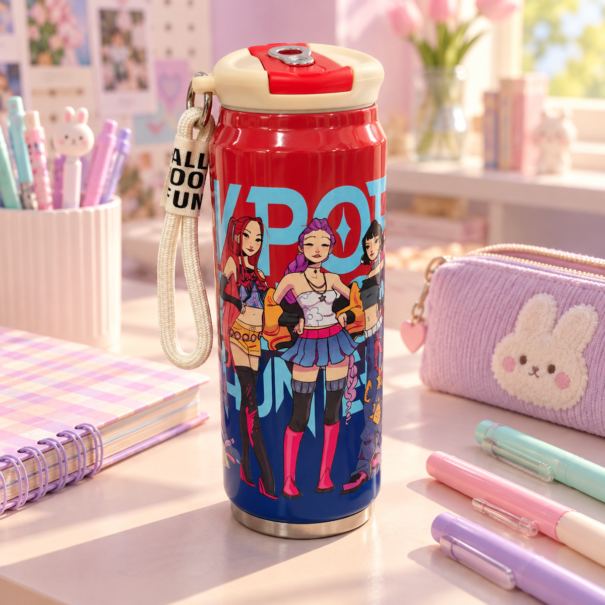 K-Pop Demon Hunters Printed Water Bottle 200ml with Carry Strap – Colour Variants