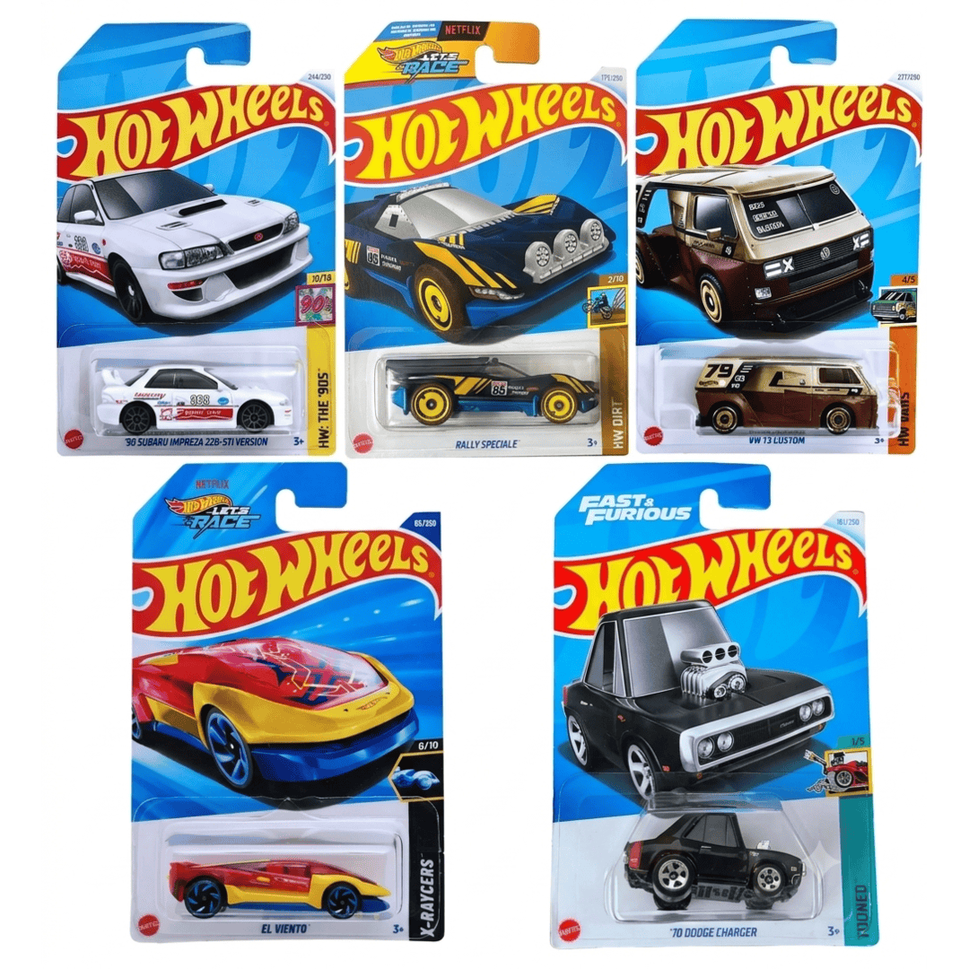 Hot Wheels 1:64 Scale 5-Car Die-Cast Set | ’98 Subaru Impreza 22B-STI, VW T3 Custom, ’70 Dodge Charger, El Viento X-Raycers & Rally Speciale