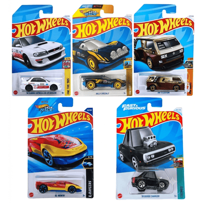 Hot Wheels 1:64 Scale 5-Car Die-Cast Set | ’98 Subaru Impreza 22B-STI, VW T3 Custom, ’70 Dodge Charger, El Viento X-Raycers & Rally Speciale