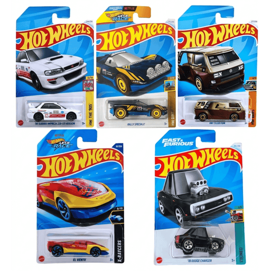 Hot Wheels 1:64 Scale 5-Car Die-Cast Set | ’98 Subaru Impreza 22B-STI, VW T3 Custom, ’70 Dodge Charger, El Viento X-Raycers & Rally Speciale