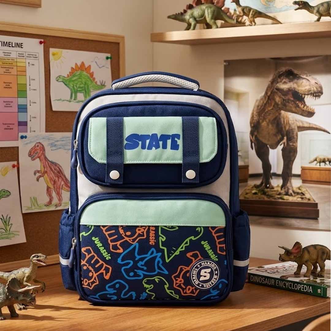 State Dinosaur School Backpack for Kids 38cm | Lightweight Multi-Compartment School Bag with Reflective Strips, Padded Back Support & Side Bottle Pockets