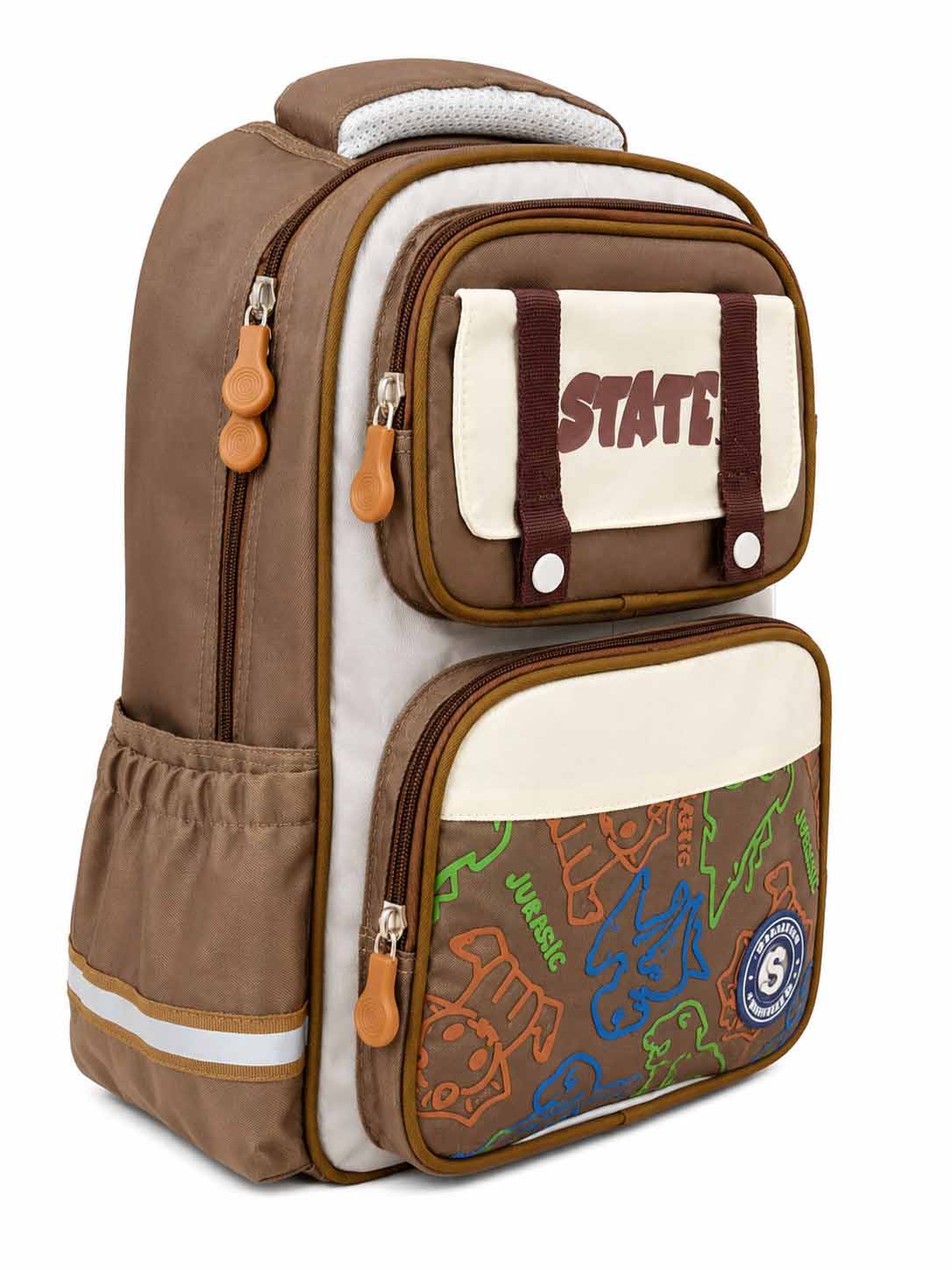 State Dinosaur School Backpack 16Inch | Kids School Bag with Multiple Compartments, Reflective Strips & Side Bottle Pockets