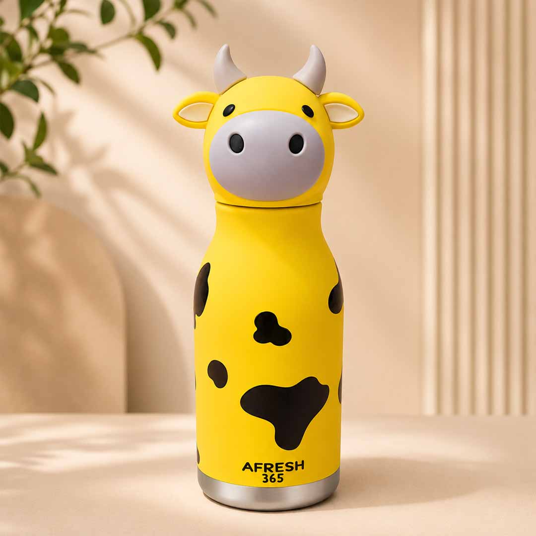 AFRESH 365 Animal Head Collection Cow Stainless Steel Vacuum Insulated Water Bottle 450ml (16oz) with Straw & Carry Strap