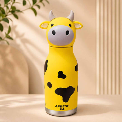 AFRESH 365 Animal Head Collection Cow Stainless Steel Vacuum Insulated Water Bottle 450ml (16oz) with Straw & Carry Strap
