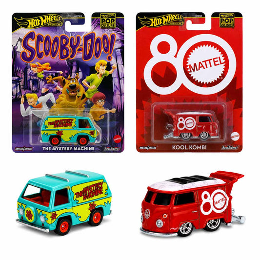 Hot Wheels Premium Pop Culture Combo Pack – Scooby-Doo The Mystery Machine + Mattel 80th Anniversary Kool Kombi Die-Cast Vehicles with Real Riders