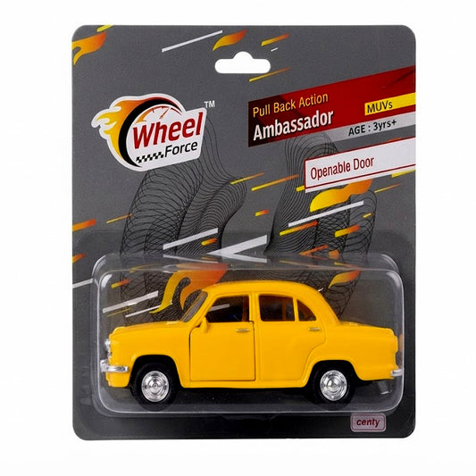 Centy Ambassador Pull Back Toy Car | Yellow Classic Indian MUV Toy with Openable Doors for Kids Age 3+