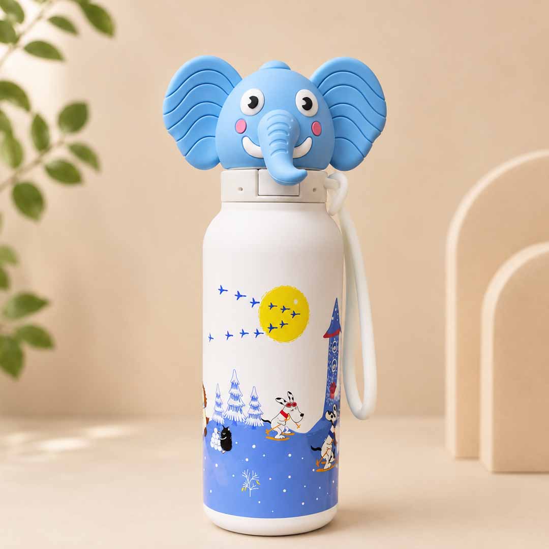 AFRESH 365 Elephant Collection Stainless Steel Vacuum Insulated Water Bottle 560ml (19oz) | Kids Leakproof Straw Bottle with Flip-Top Lid & Carry Strap