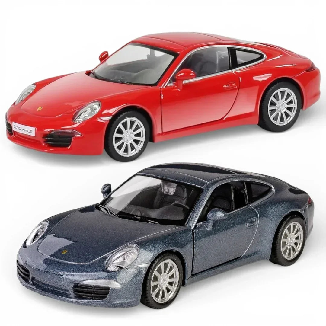 RMZ City 1:36 Porsche 911 Carrera S Diecast Car Model – Opening Doors, Pull Back Action (Red & Grey Variants)