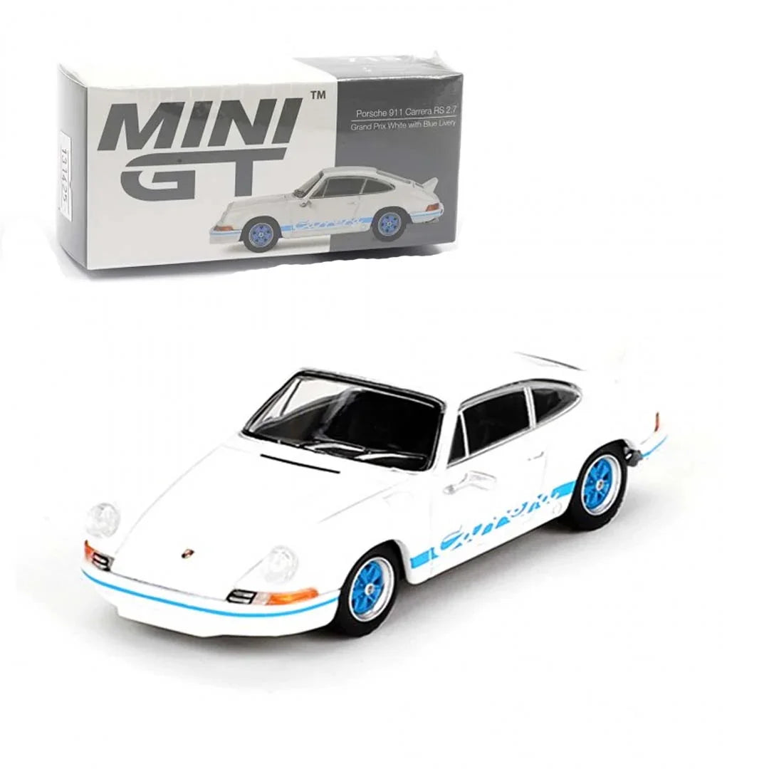 MINI GT 715: Porsche 911 Carrera RS 2.7 Grand Prix White with Blue Livery - Jaiman Toys