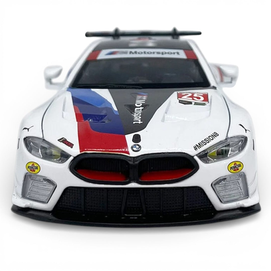 RMZ Hobby 1:32 BMW M8 GTE Die-Cast Model Car – White |Pull Back, Openable Doors, Light & Sound (664996)