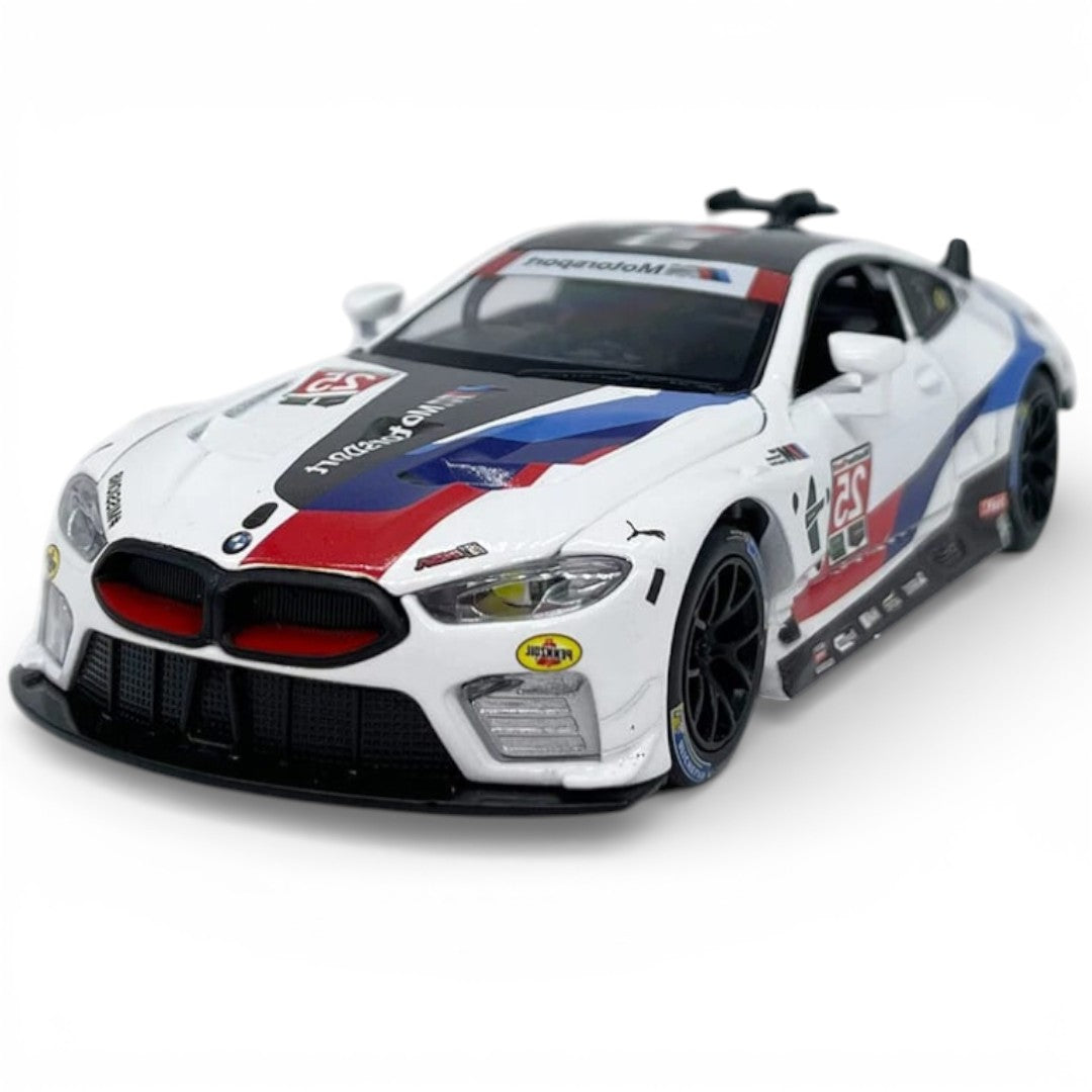 RMZ Hobby 1:32 BMW M8 GTE Die-Cast Model Car – White |Pull Back, Openable Doors, Light & Sound (664996)