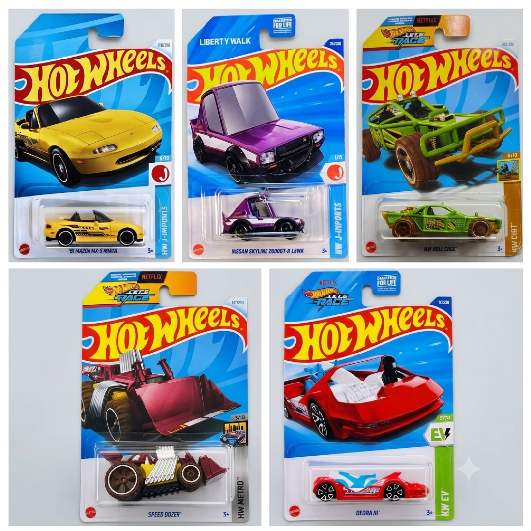 Hot Wheels 5-Car Die-Cast Set – '91 Mazda MX-5 Miata HTD80 + Deora III HW EV Series + Speed Dozer + Roll Cage 233/250 + Nissan Skyline 2000GT-R LBWK | 1:64 Scale