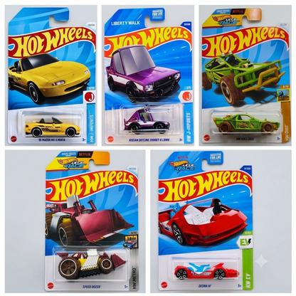 Hot Wheels 5-Car Die-Cast Set – '91 Mazda MX-5 Miata HTD80 + Deora III HW EV Series + Speed Dozer + Roll Cage 233/250 + Nissan Skyline 2000GT-R LBWK | 1:64 Scale