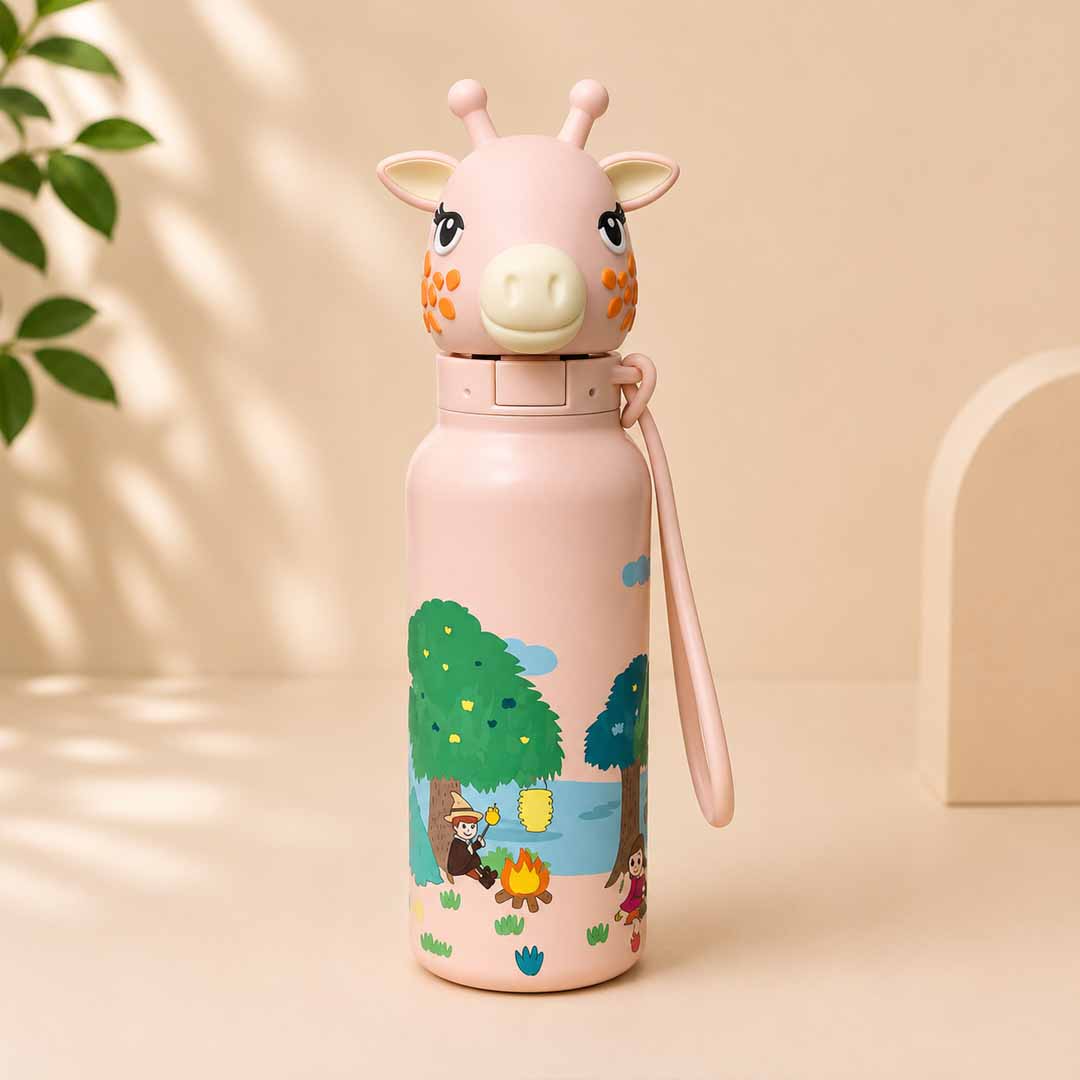 AFRESH 365 Giraffe Collection Stainless Steel Vacuum Insulated Water Bottle 560ml (19oz) | Kids Leakproof Straw Bottle with Flip-Top Lid & Carry Strap