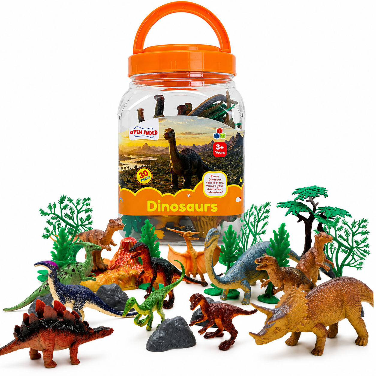 Open-Ended Dinosaurs Playset - 30 Pieces | Realistic Dinosaur Figures with Prehistoric Accessories | Educational Pretend Play Toy for Kids 3+ Years